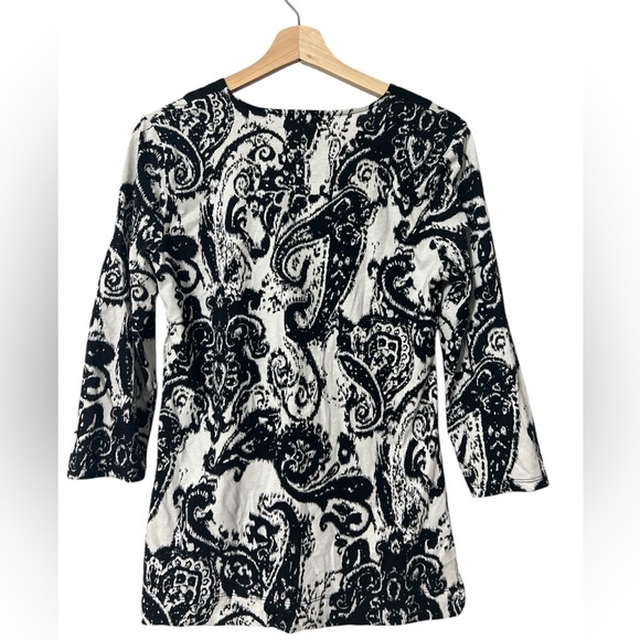 Lauren Ralph Lauren Shirt Womens Small Black White Paisley 3/4 Sleeve V-neck - Picture 2 of 7